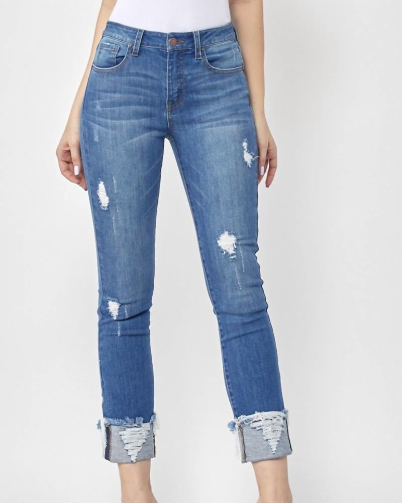 Front of a model wearing a size 3X Frayed Cuff Ankle Straight Jean in Medium Wash in Medium Wash by RISEN. | dia_product_style_image_id:326115